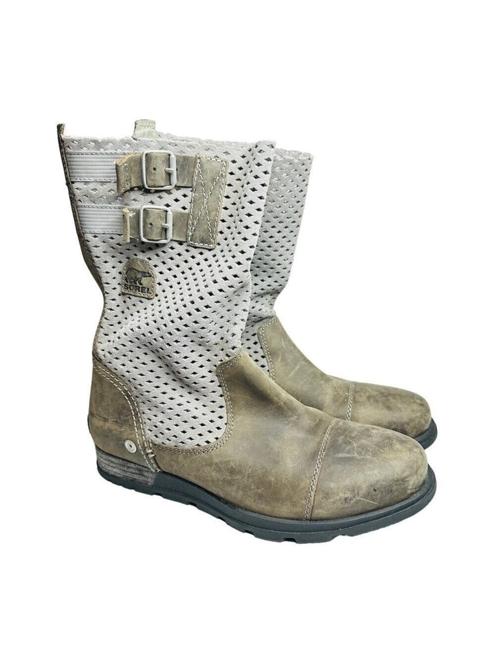 Sorel Major Pull On Perforated Laser Cut Leather‎ Boots Beige & Gray Women’s 8.5